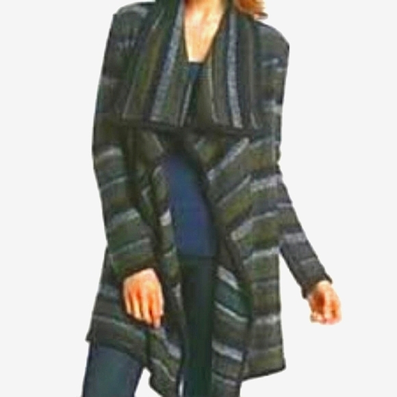 Kensie Cardigan Sweater Oversized Rib-Knit Collar Striped Drapey Open Front - Picture 5 of 13